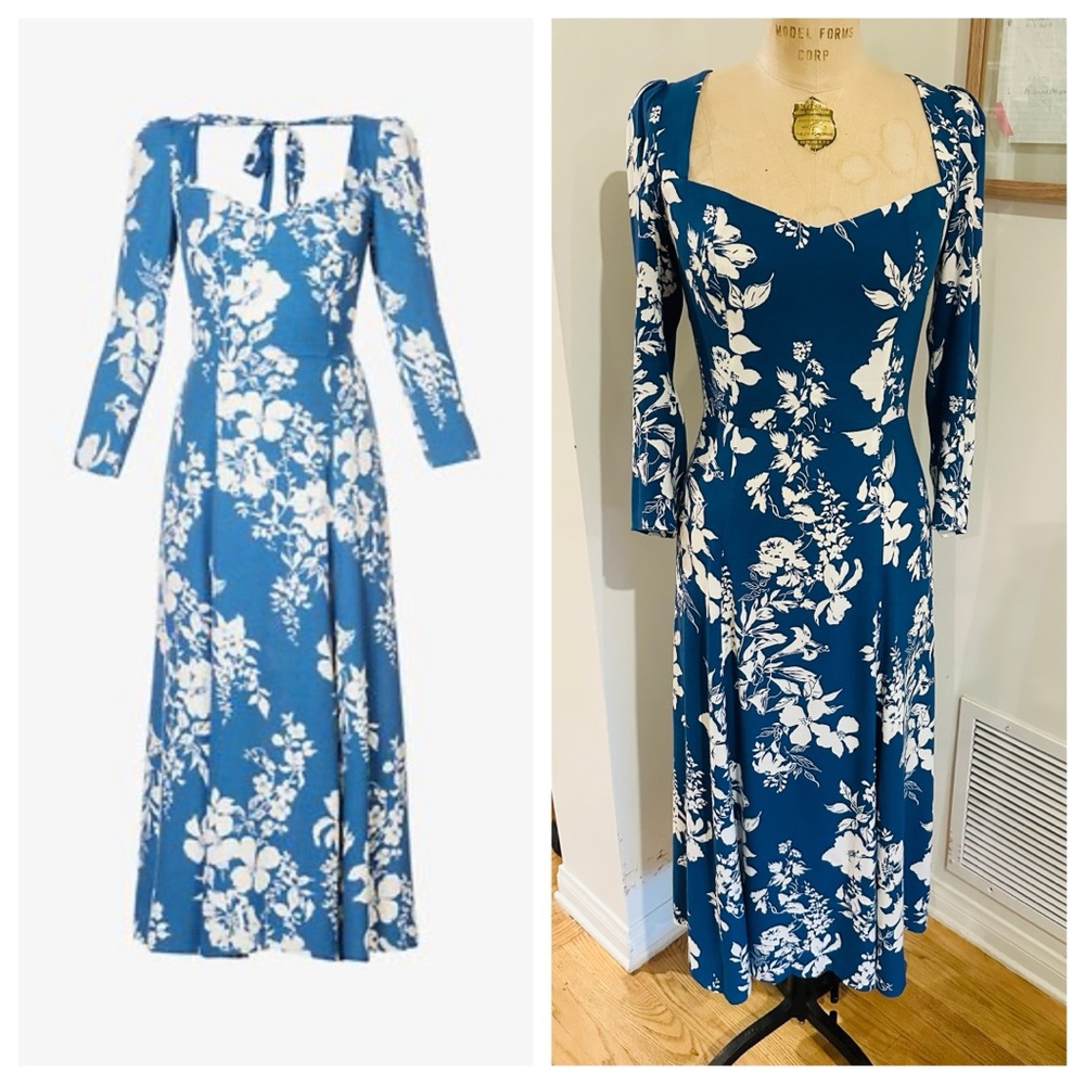REFORMATION Midi Mara Dress in Cyanotype Blue & White Floral, Sz 8
